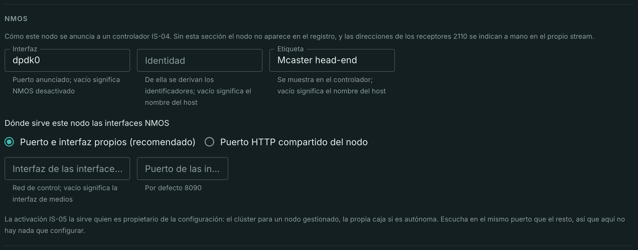 La sección NMOS en los ajustes del nodo