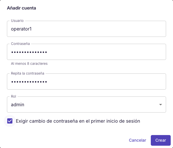 Crear una cuenta de operador con contraseña temporal