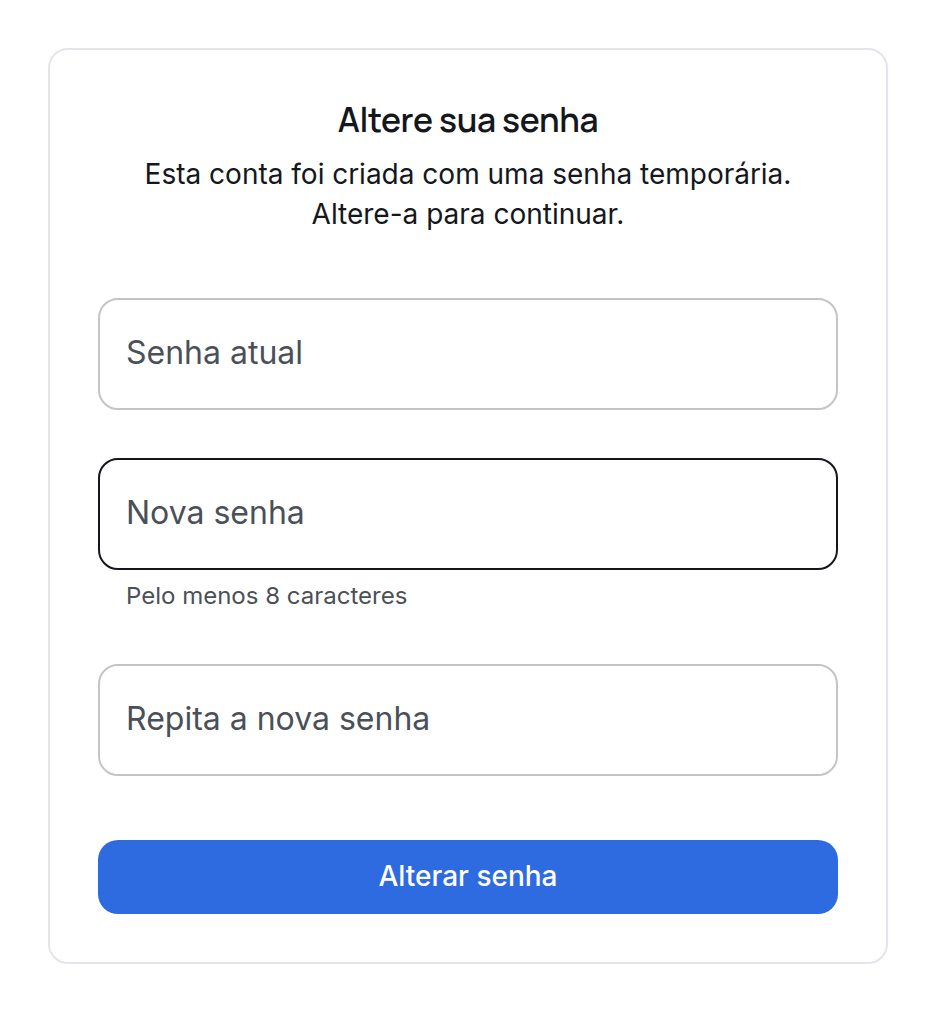 O formulário de troca da senha temporária