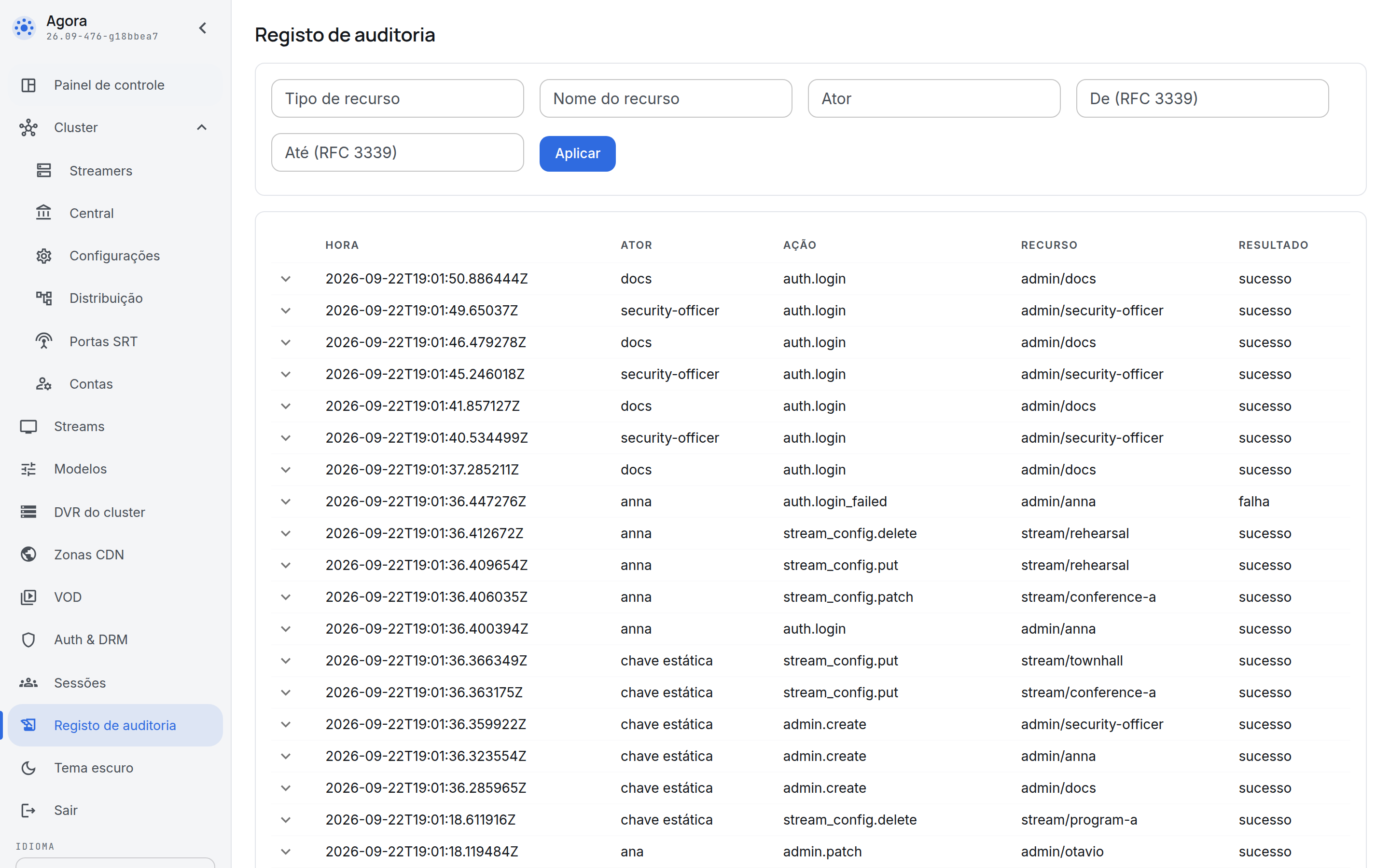 A lista do registo de auditoria