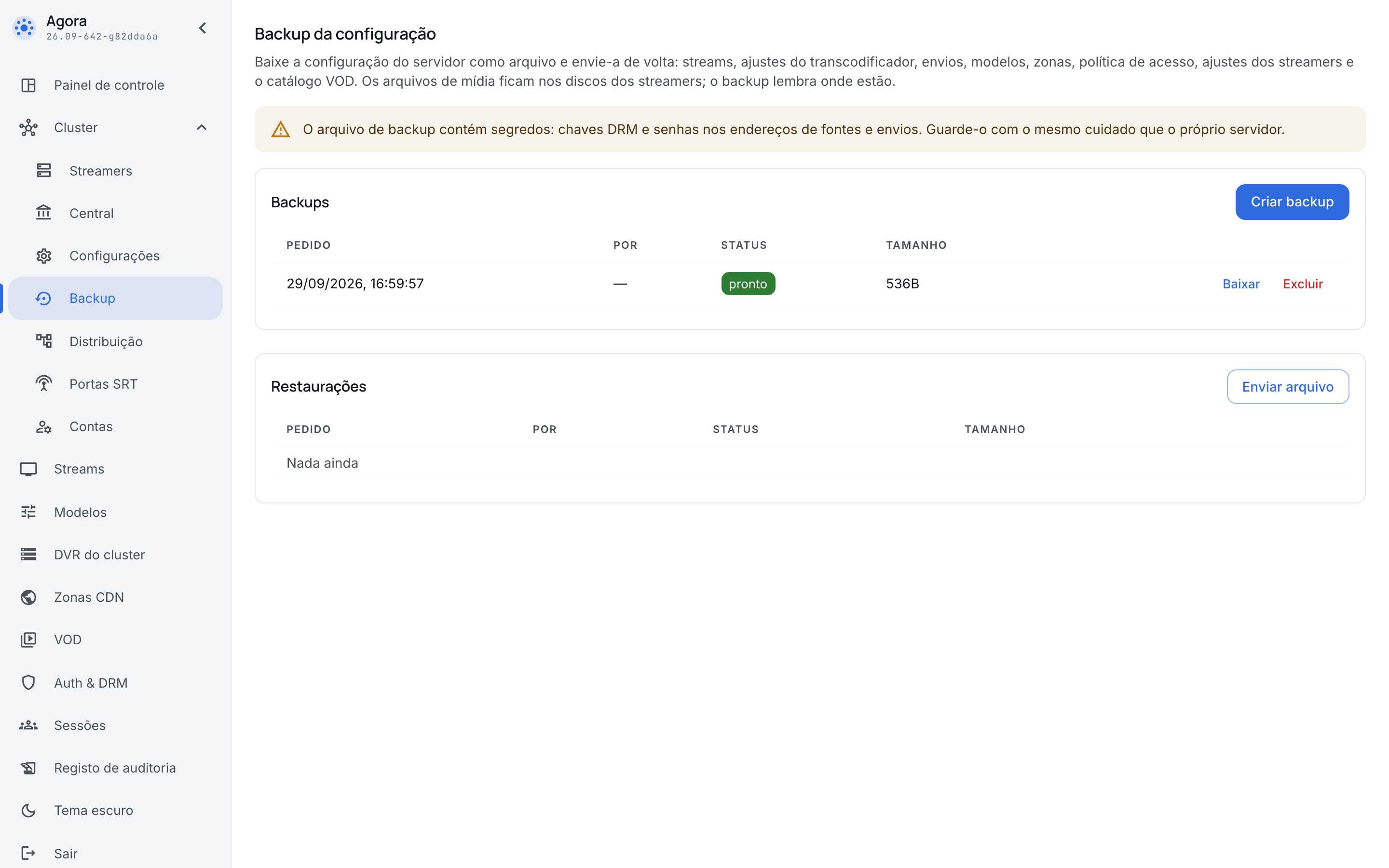 Um backup pronto na seção Backup