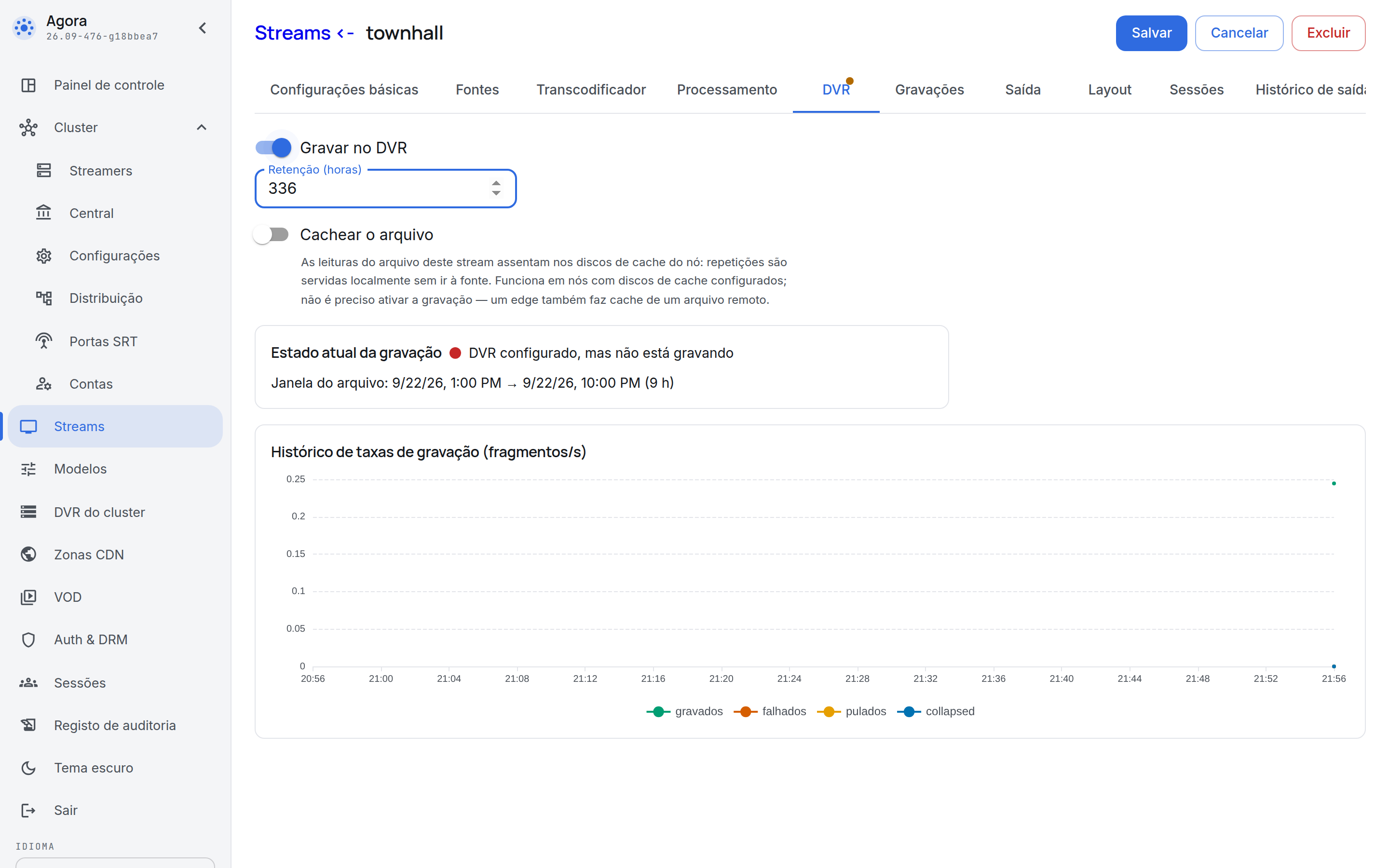 A aba DVR de uma transmissão