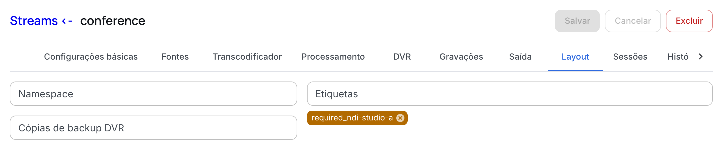 Etiqueta obrigatória do stream