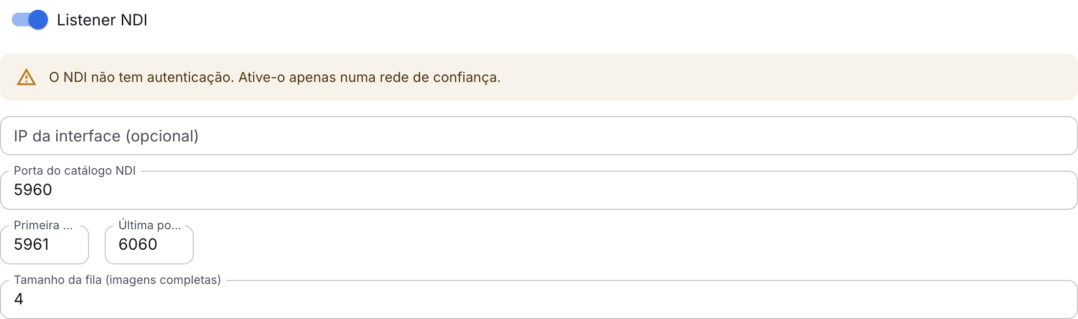 Listener NDI ativado no servidor escolhido