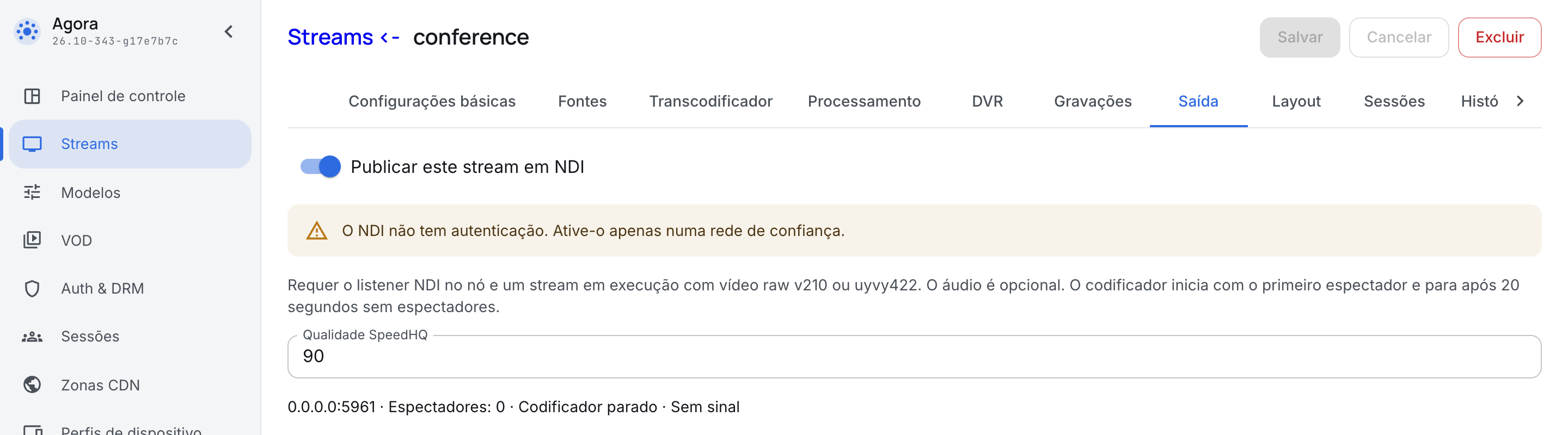 Publicação do stream em NDI