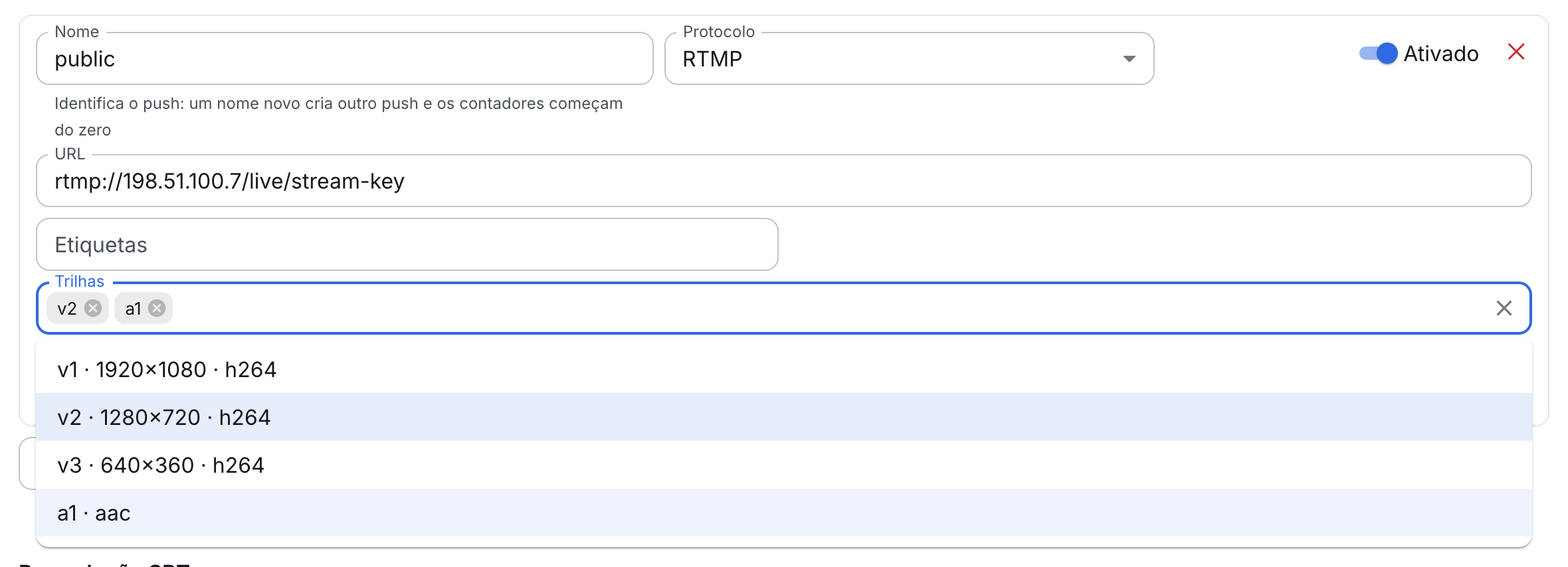 O campo Trilhas de um push RTMP: a qualidade 720p está escolhida