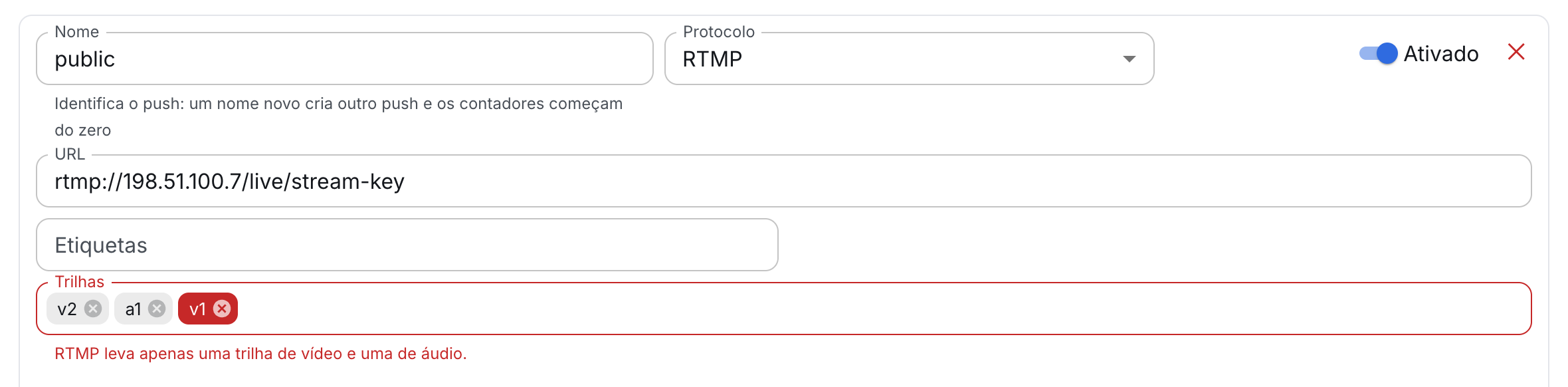 Uma segunda trilha de vídeo num push RTMP: o painel avisa antes de salvar