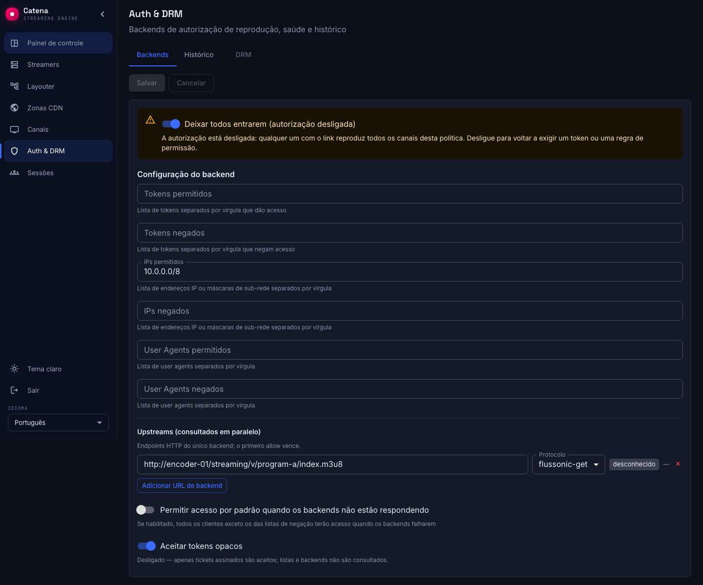 A seção Auth & DRM