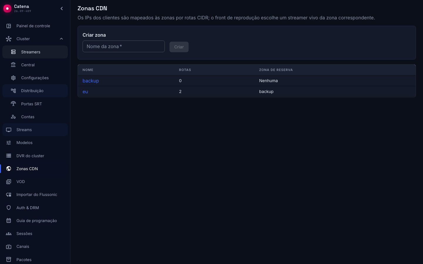 A lista de zonas: rotas e fallback de cada uma