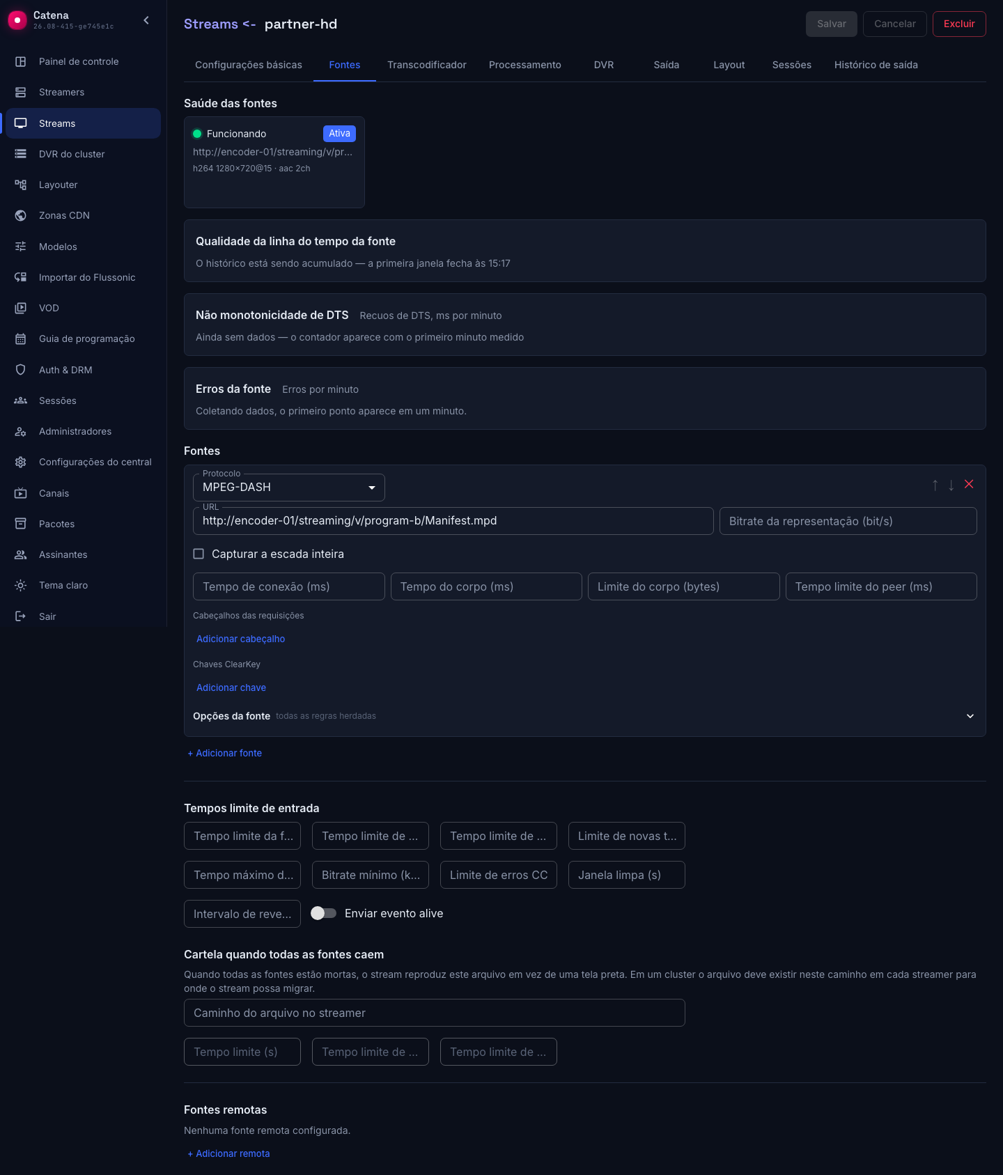 A fonte DASH está conectada e o stream está no ar
