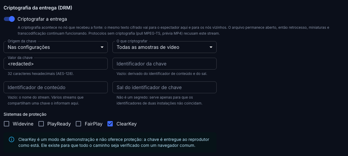 O bloco de criptografia: chave das configurações e o sistema ClearKey
