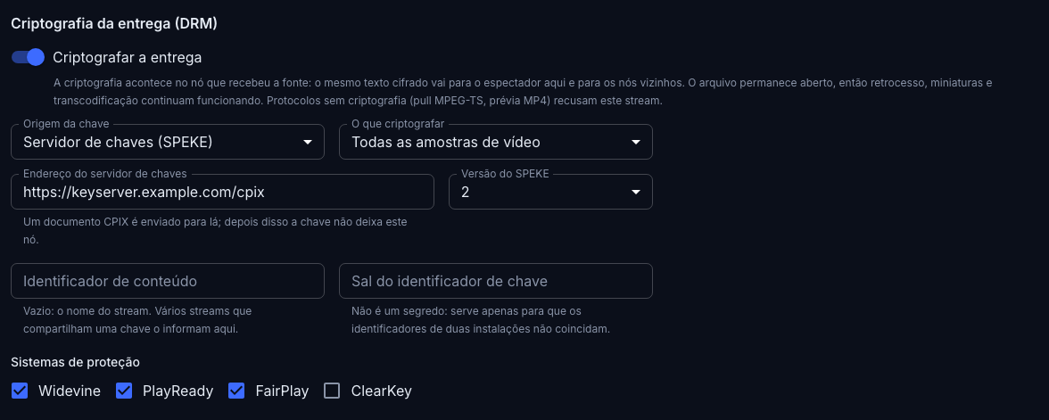 O bloco de criptografia com «Servidor de chaves» como origem