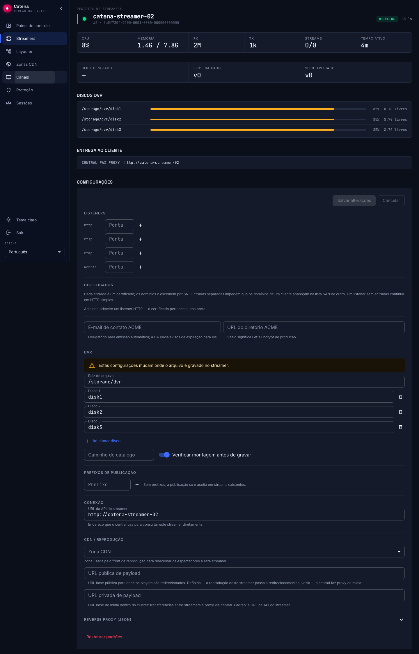 Configurações do streamer: a raiz do arquivo e os discos abaixo dela