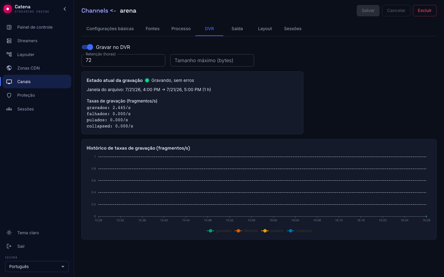 A aba DVR: configurações e estado atual da gravação