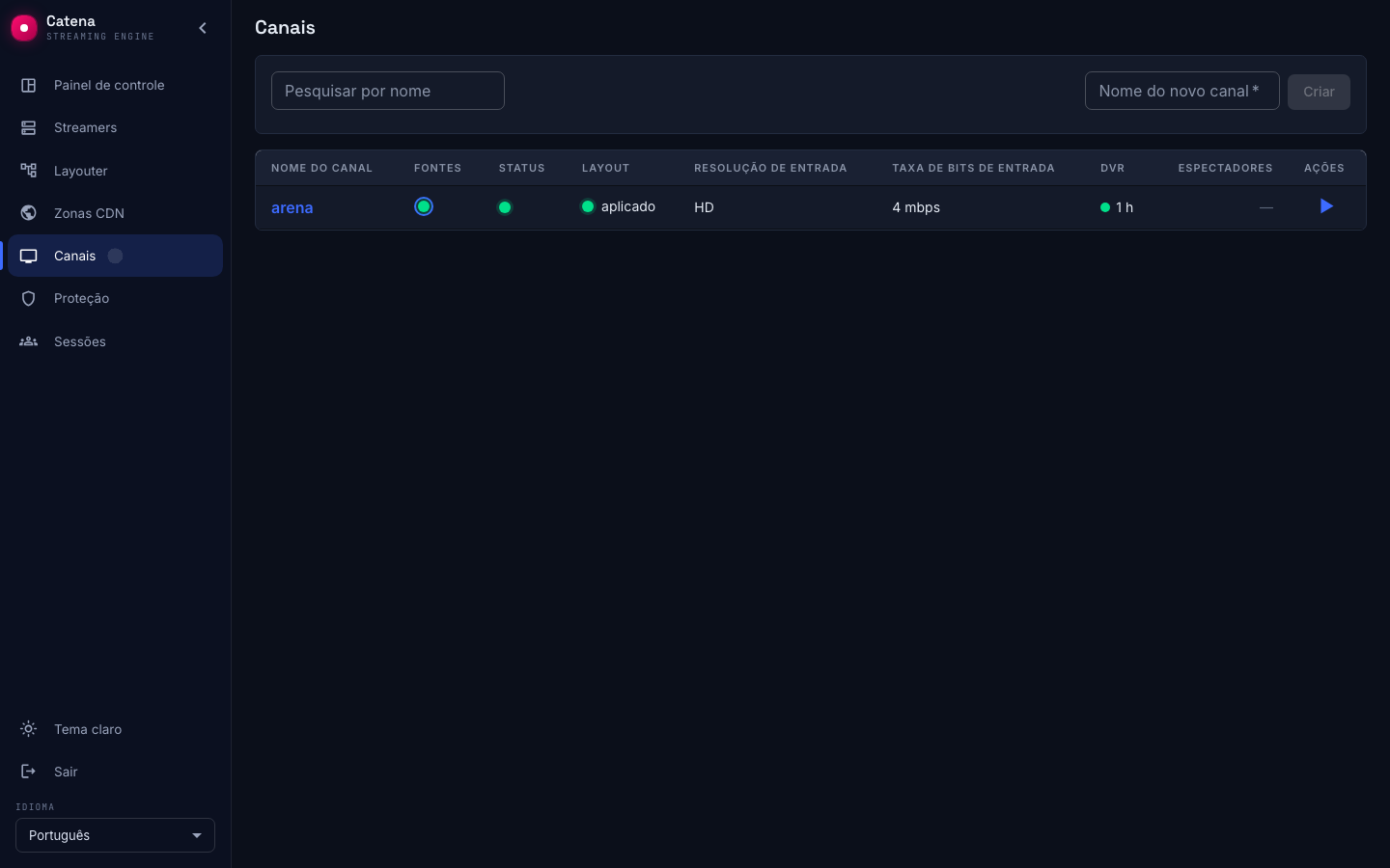 A lista de canais: a coluna DVR com o indicador de gravação