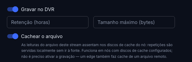 A aba DVR: dois interruptores independentes — gravação e cache