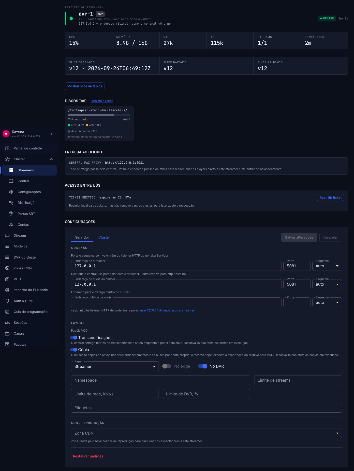 Aba Cluster de um streamer com o interruptor «Nó DVR» ligado