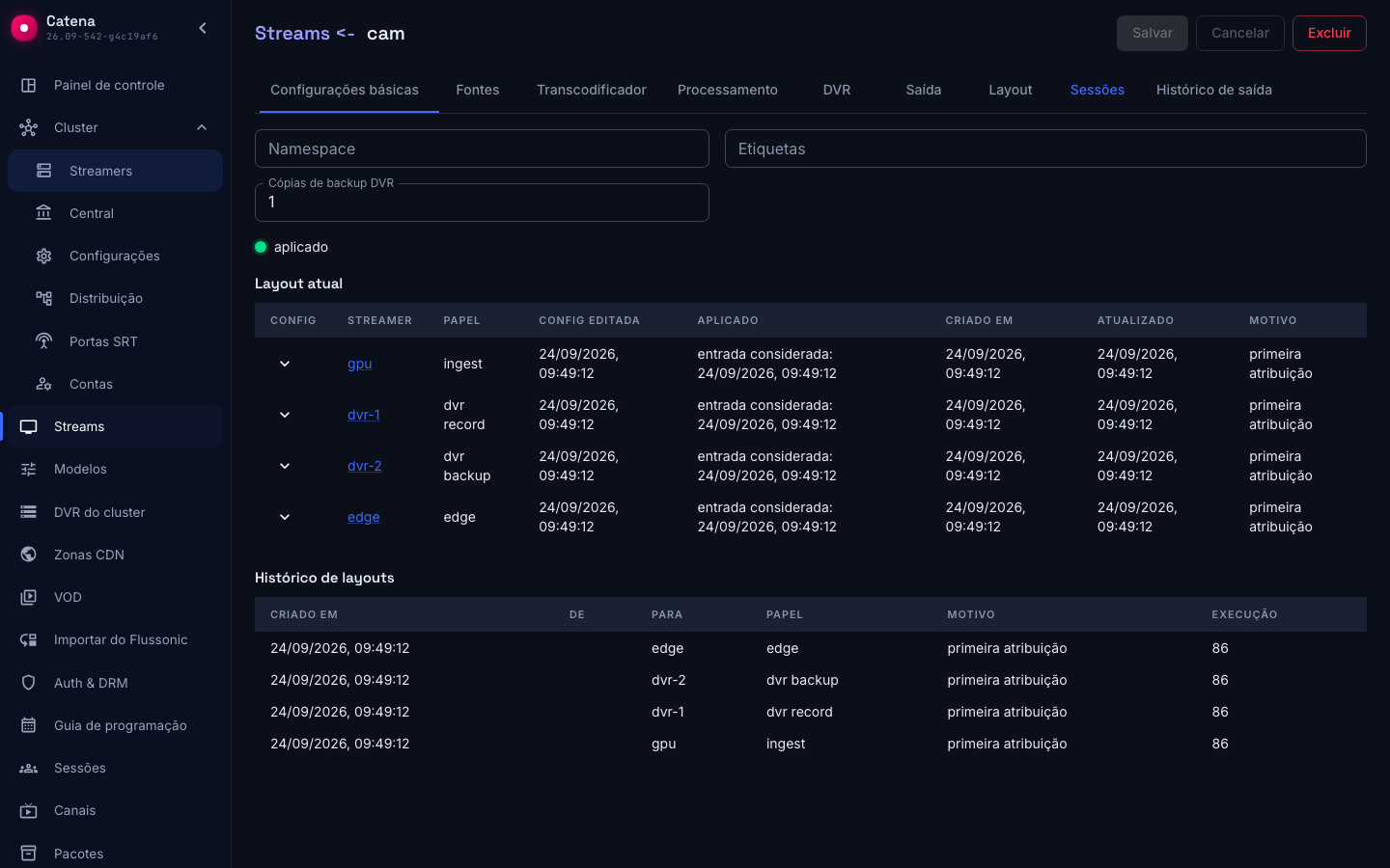 Aba Layout de um stream: ingest num streamer sem discos, dvr record num streamer DVR