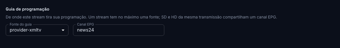Vinculação de um stream a um canal do guia