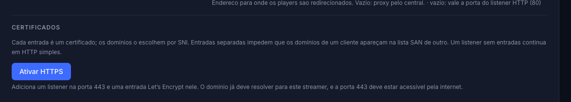 A seção de certificados antes da primeira entrada