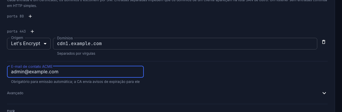 Uma entrada Let's Encrypt com seus domínios e o e-mail ACME