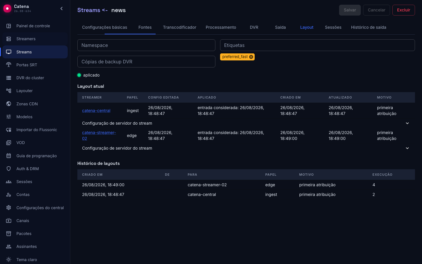 A aba Layout do stream: namespace, etiquetas e número de cópias de backup do arquivo