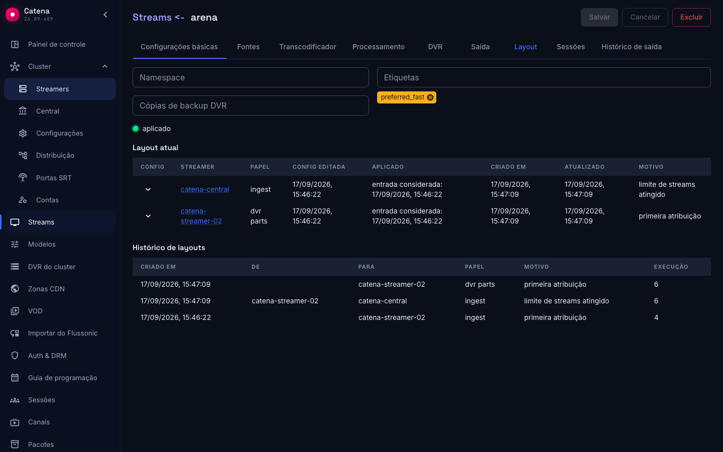 A aba Layout do stream após a mudança: ingest no streamer novo, dvr parts no anterior