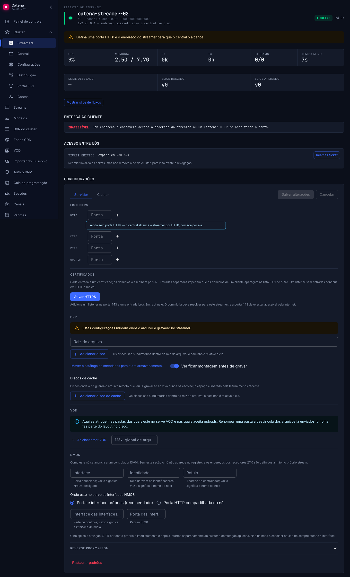 O formulário de ajustes do streamer com o rastro de aplicação