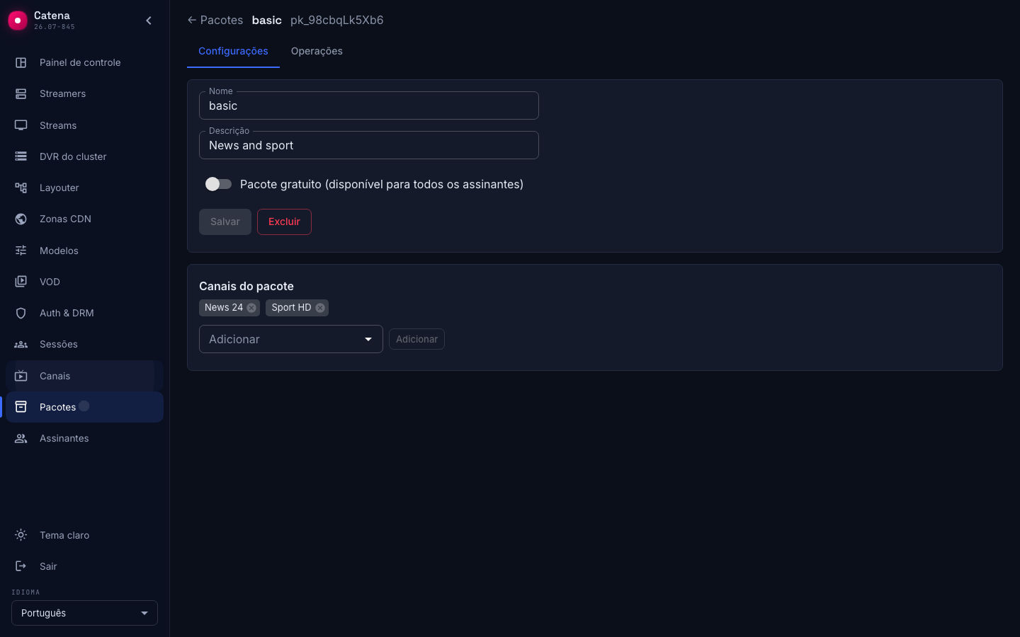 Configurações do pacote com o indicador Gratuito ligado