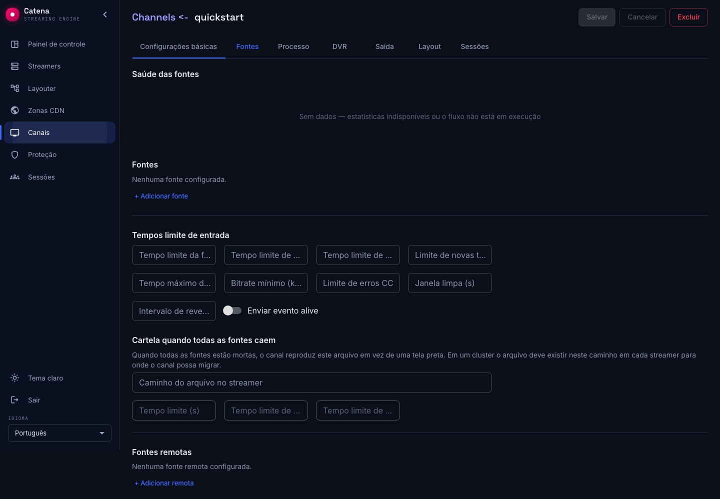 Canal criado, ainda sem fontes