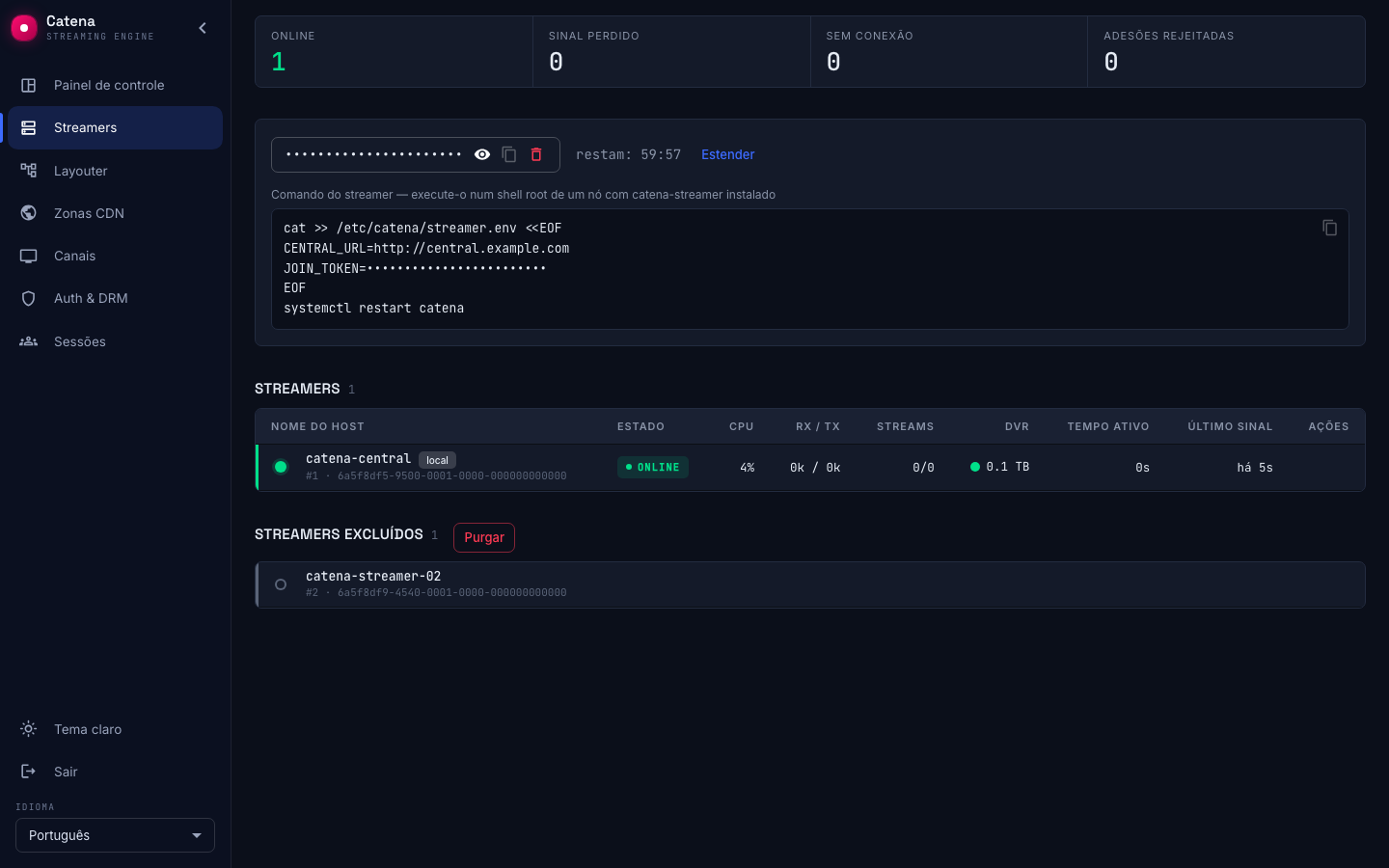 Um streamer excluído aguardando em Streamers excluídos