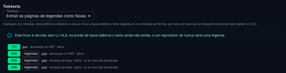 Extração de teletexto na aba «Processamento»
