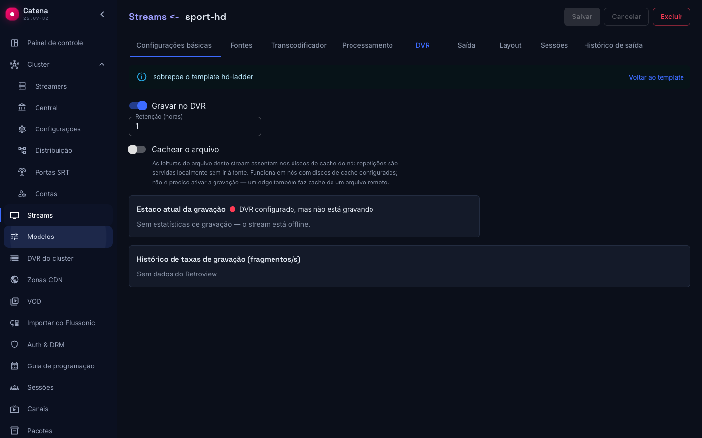 Uma seção do stream que sobrescreve o modelo, com o botão para voltar a ele
