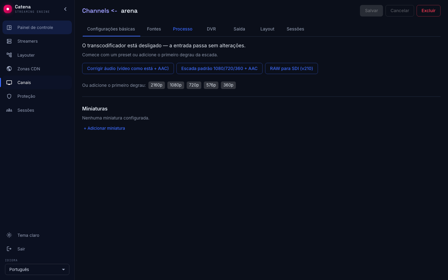 A aba Processo vazia com os presets