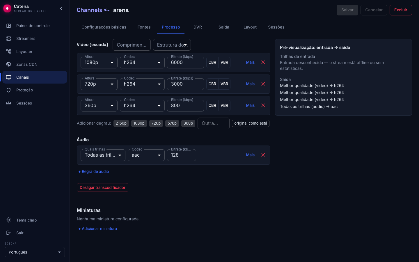 A escada 1080/720/360, a regra de áudio e a pré-visualização