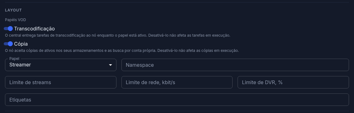 Configurações do streamer: papéis de transcodificação e cópia