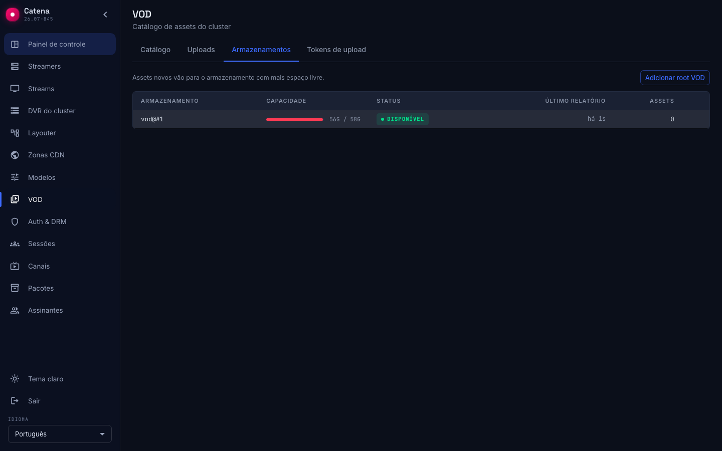 A aba Armazenamentos: capacidade, estado e quantidade de assets