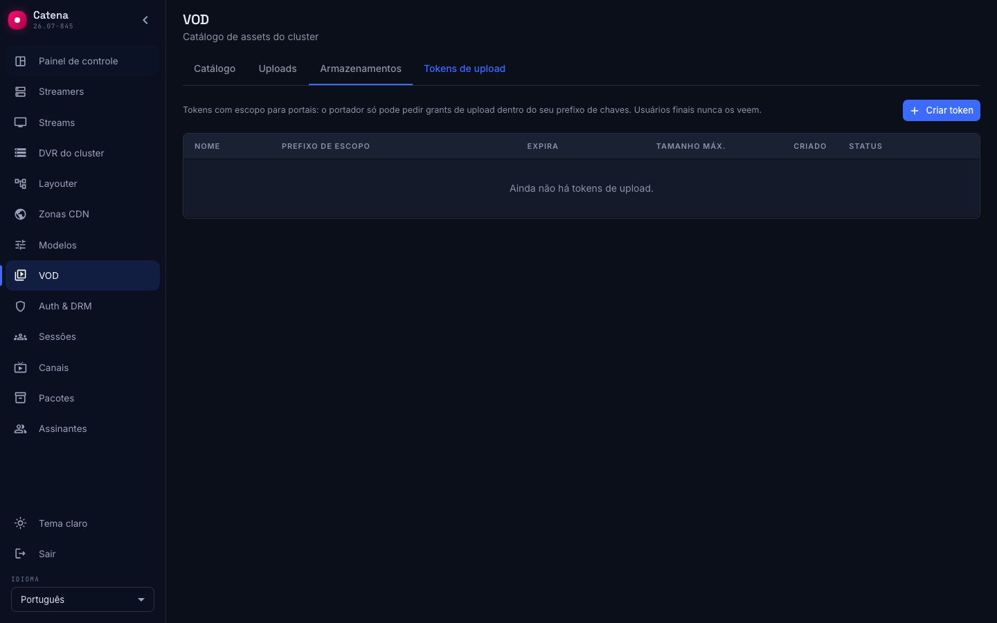 A aba Tokens de upload