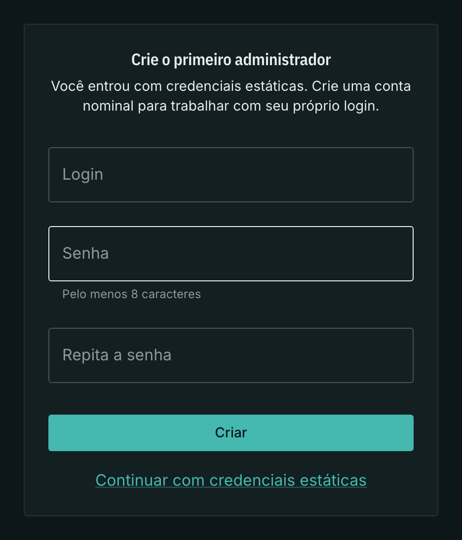 O painel oferece criar o primeiro administrador