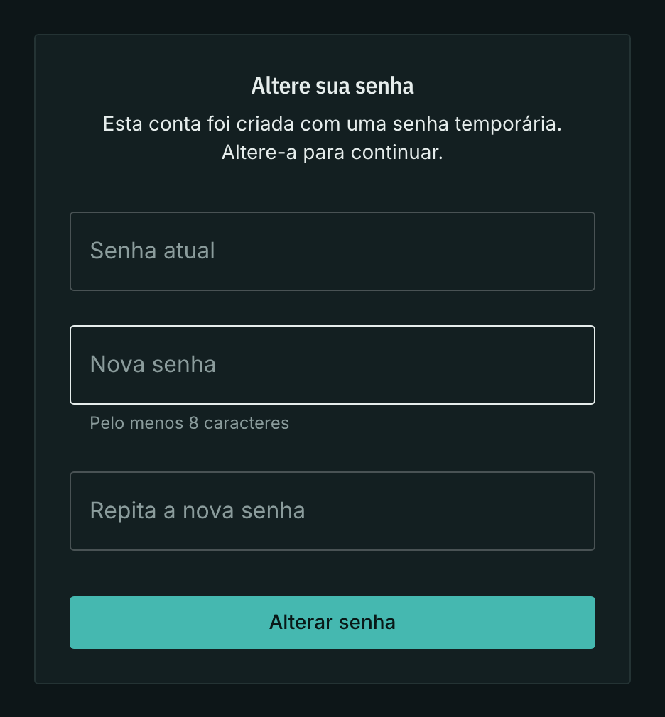 O formulário de troca de senha temporária