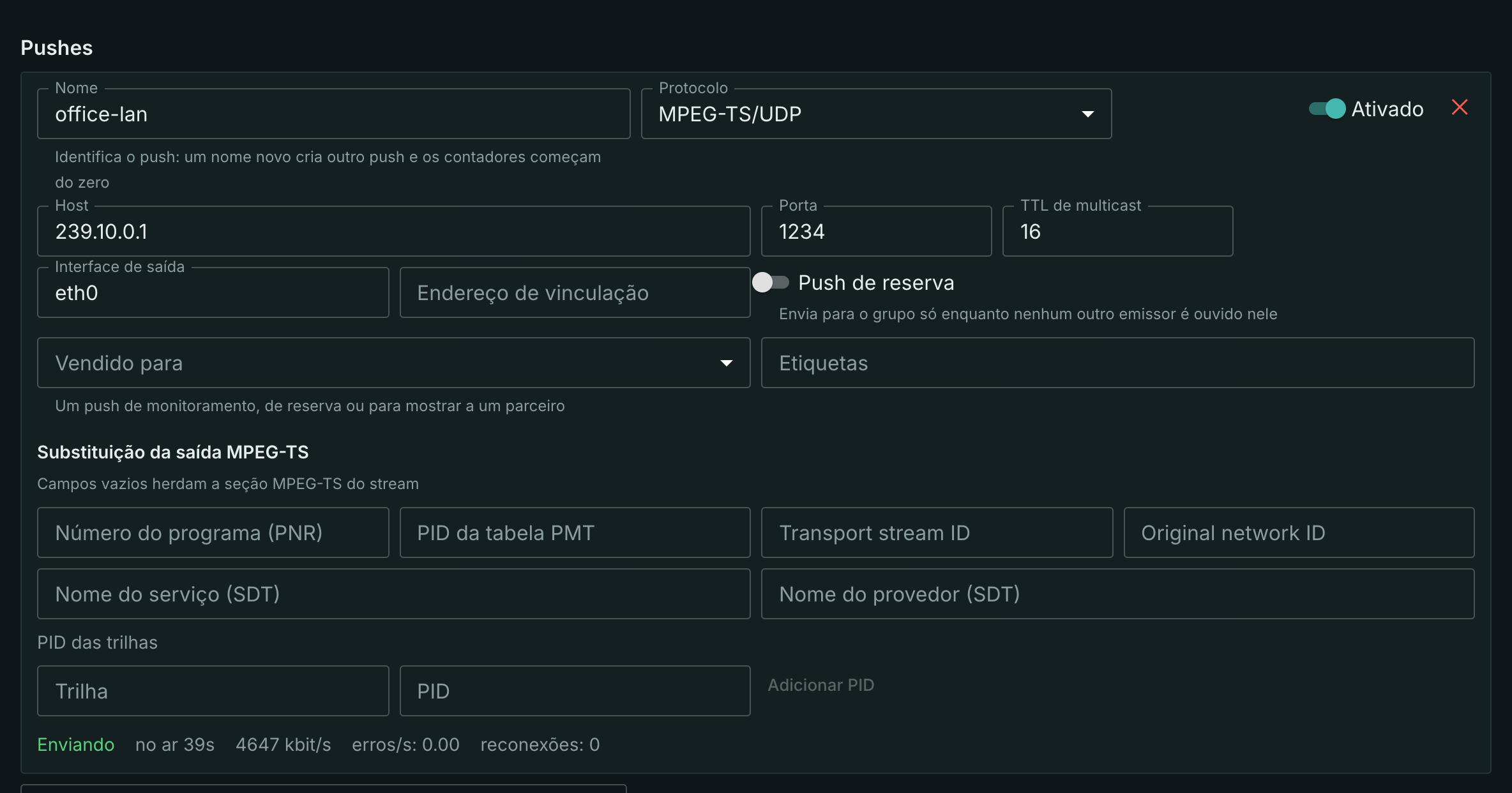 Push UDP para um grupo multicast