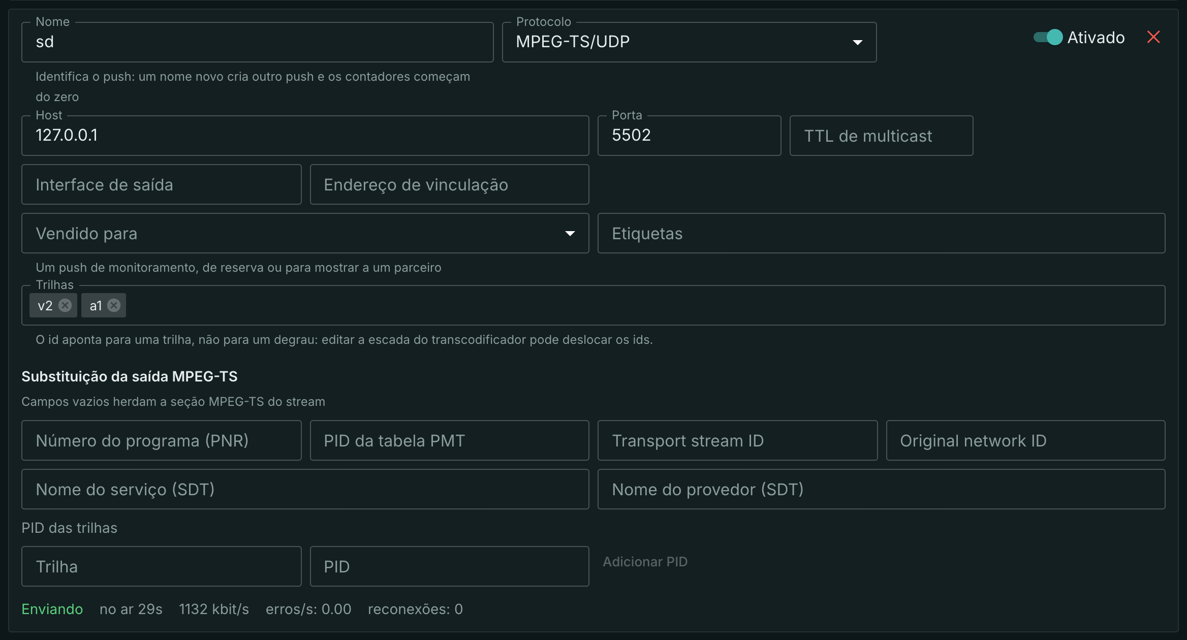 O push sd envia a qualidade 720p: trilhas v2 e a1, taxa menor que a de hd
