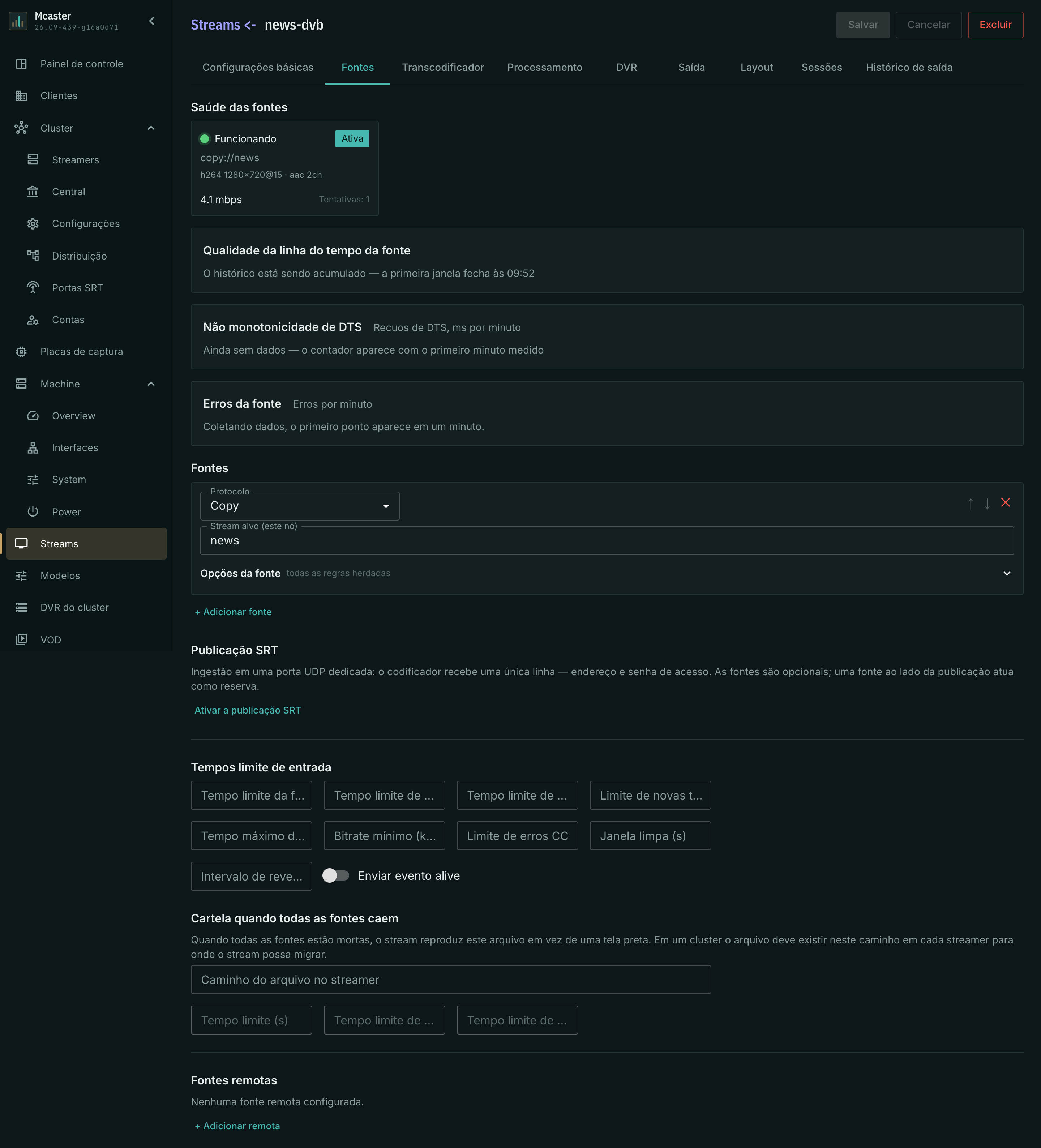 Fonte Copy: o campo do stream alvo e o cartão de estado
