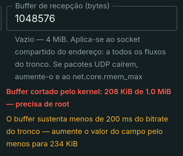 A folga ficou abaixo de 200 ms do bitrate — o formulário indica até onde aumentar o buffer