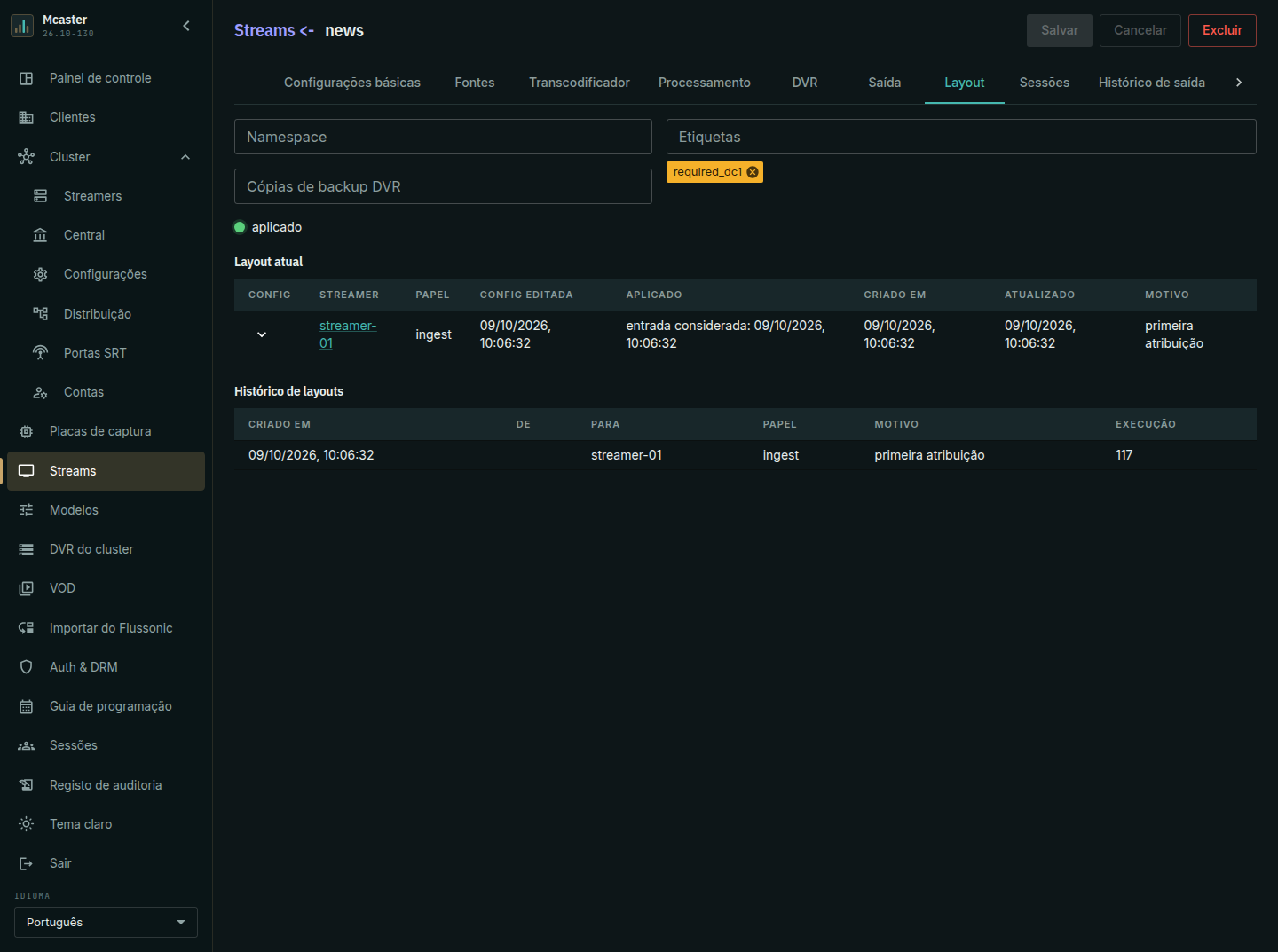 A aba Layout do stream: namespace, etiquetas e número de cópias de backup do arquivo