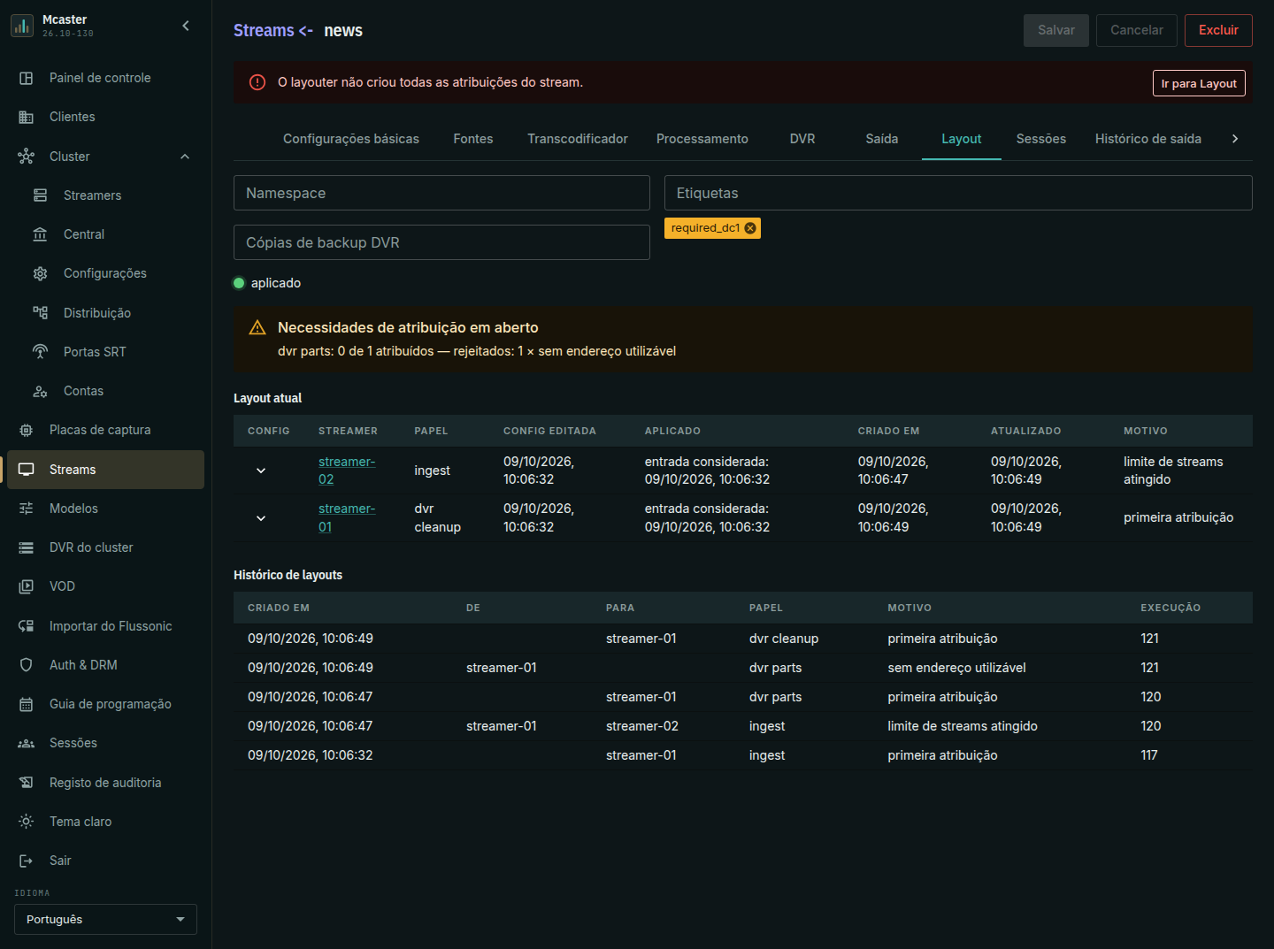 O streamer anterior sem endereço interno do cluster: o resto é limpo, dvr parts é uma demanda não atendida