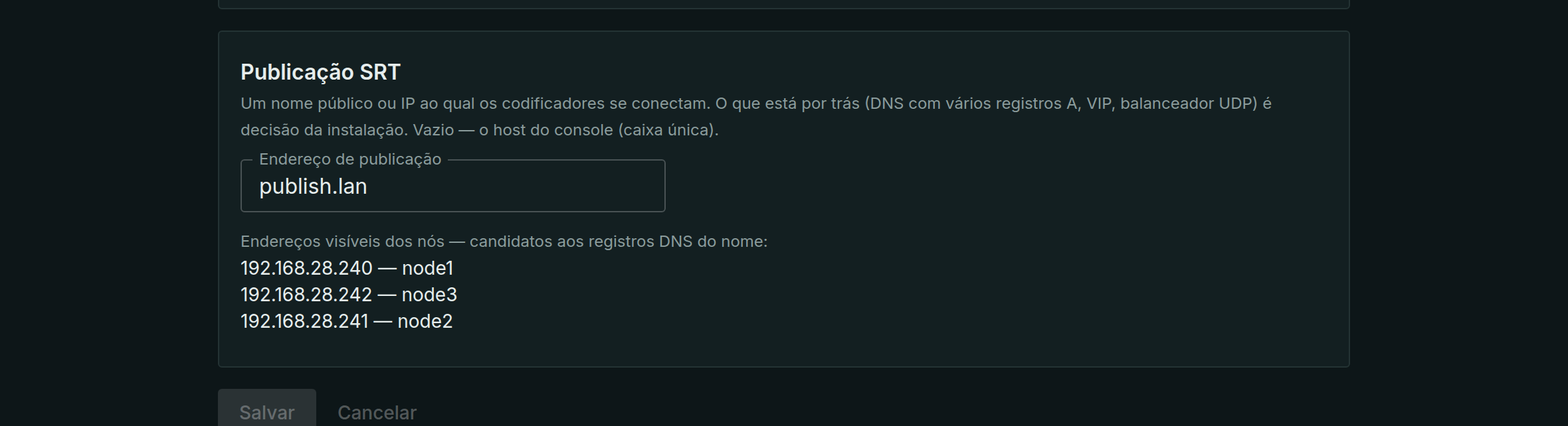Endereço de publicação e candidatos a DNS