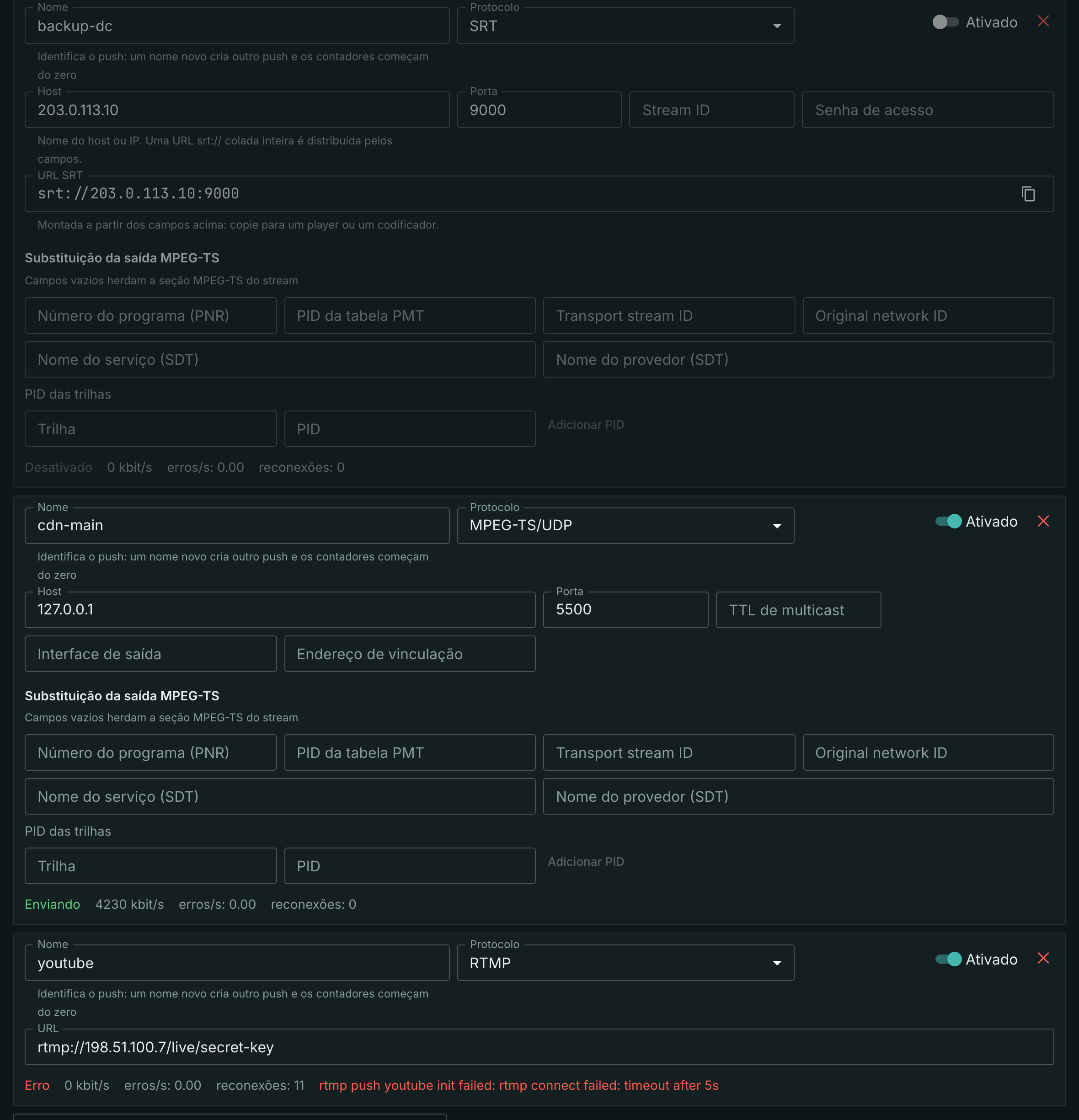 Estatísticas ao vivo dos destinos na aba Saída