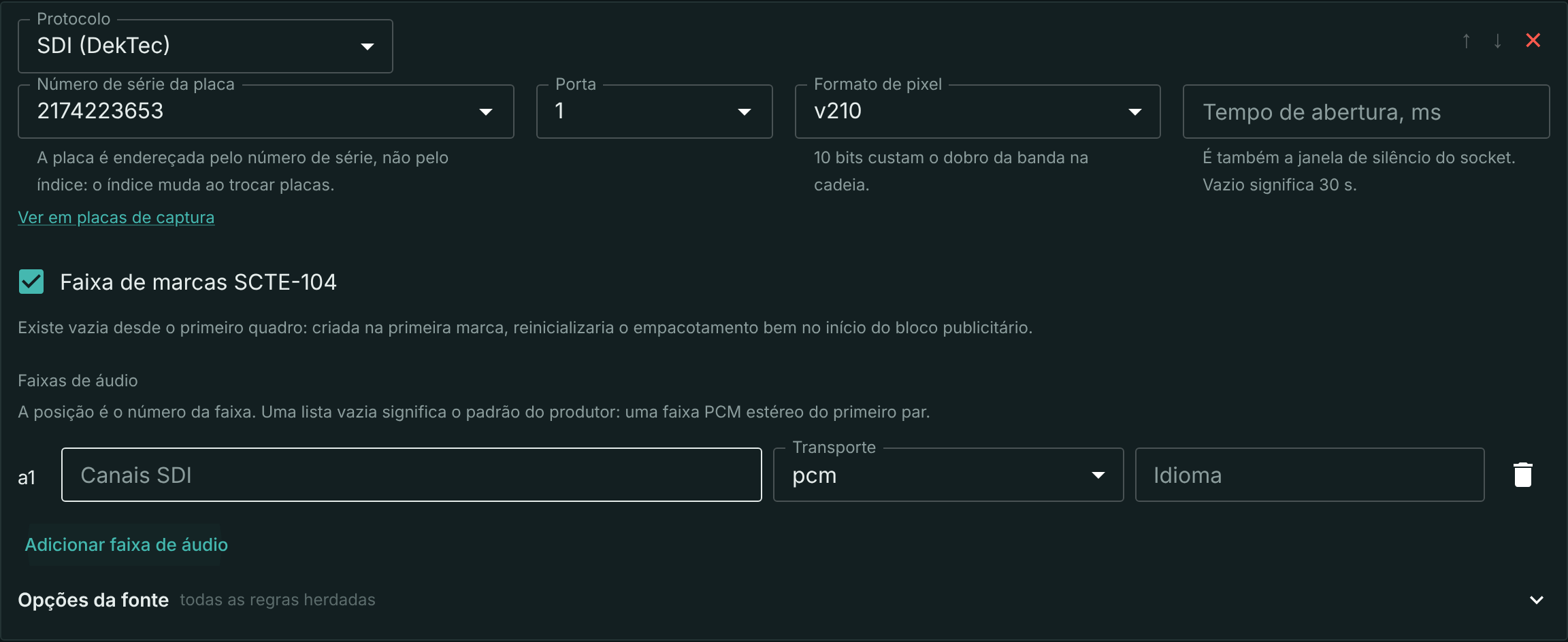 A seção de entrada SDI na ficha do stream