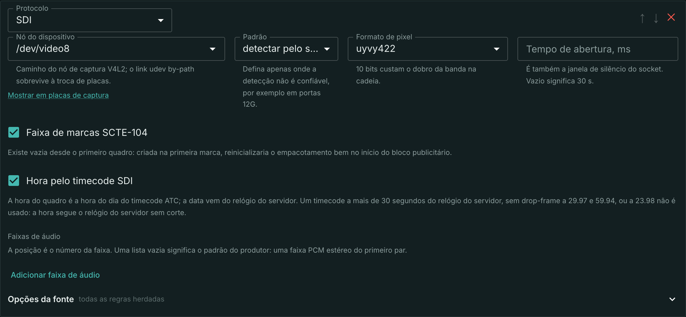Caixa de seleção de timecode na seção da entrada SDI